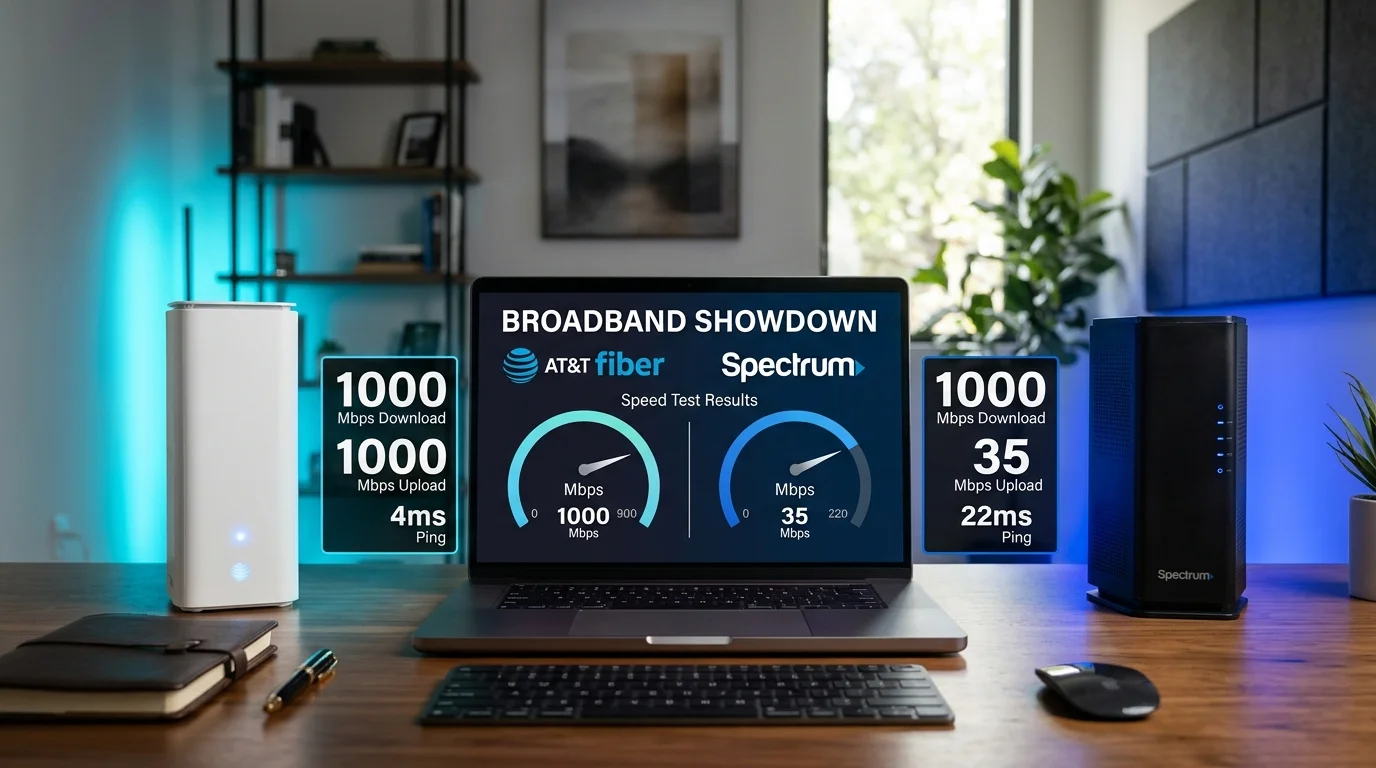 AT&T Fiber vs Spectrum Internet showdown comparison featuring AT&T BGW320 gateway, Spectrum Advanced Wi-Fi router, and symmetrical gigabit speed test