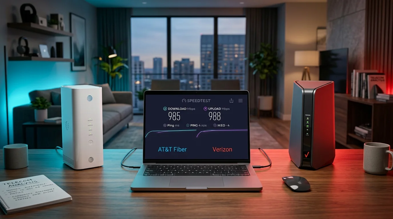 AT&T Fiber vs Verizon Fios and 5G Home Internet showdown comparison featuring BGW320 gateway, Verizon CR1000A router, and symmetrical gigabit speed test