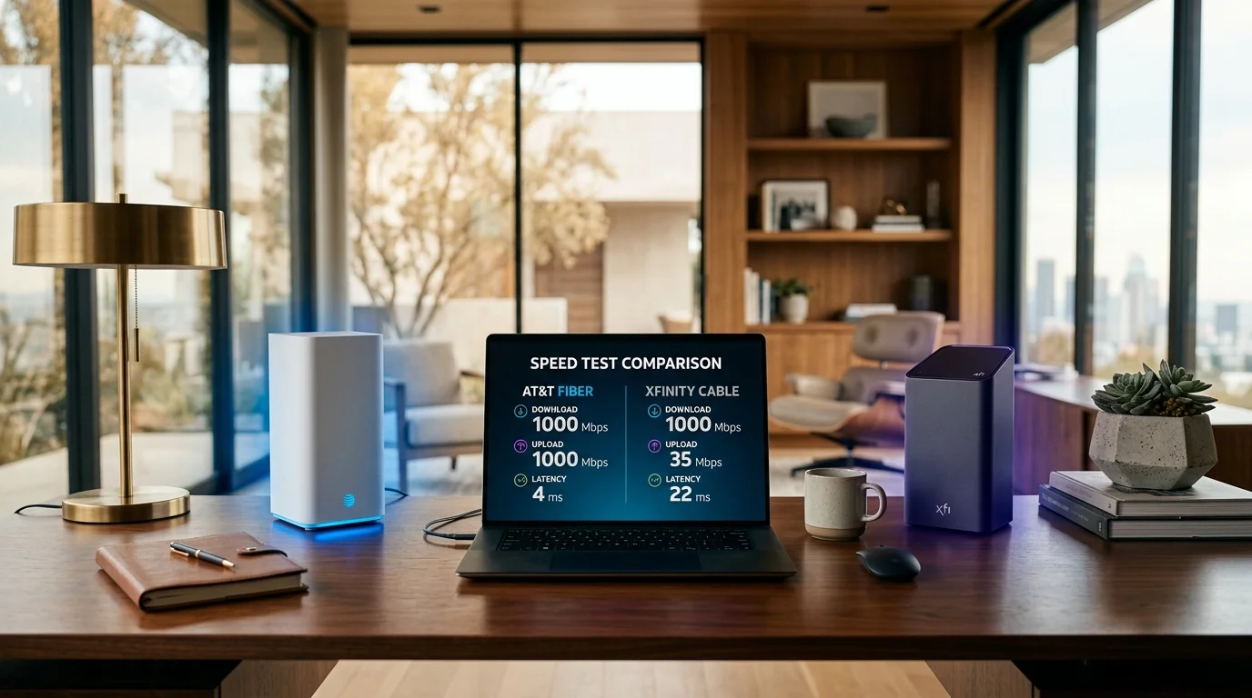 AT&T Fiber vs Xfinity Cable internet showdown comparison featuring AT&T BGW320 gateway, Xfinity xFi router, and symmetrical gigabit fiber speed test
