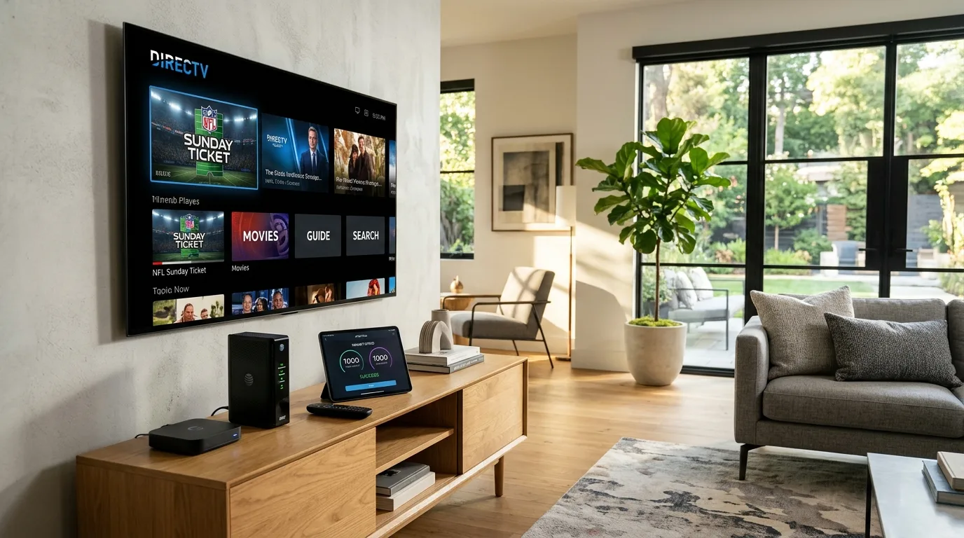 DIRECTV Internet Bundle with Fiber Router and Gemini Streaming Box in Contemporary Living Room