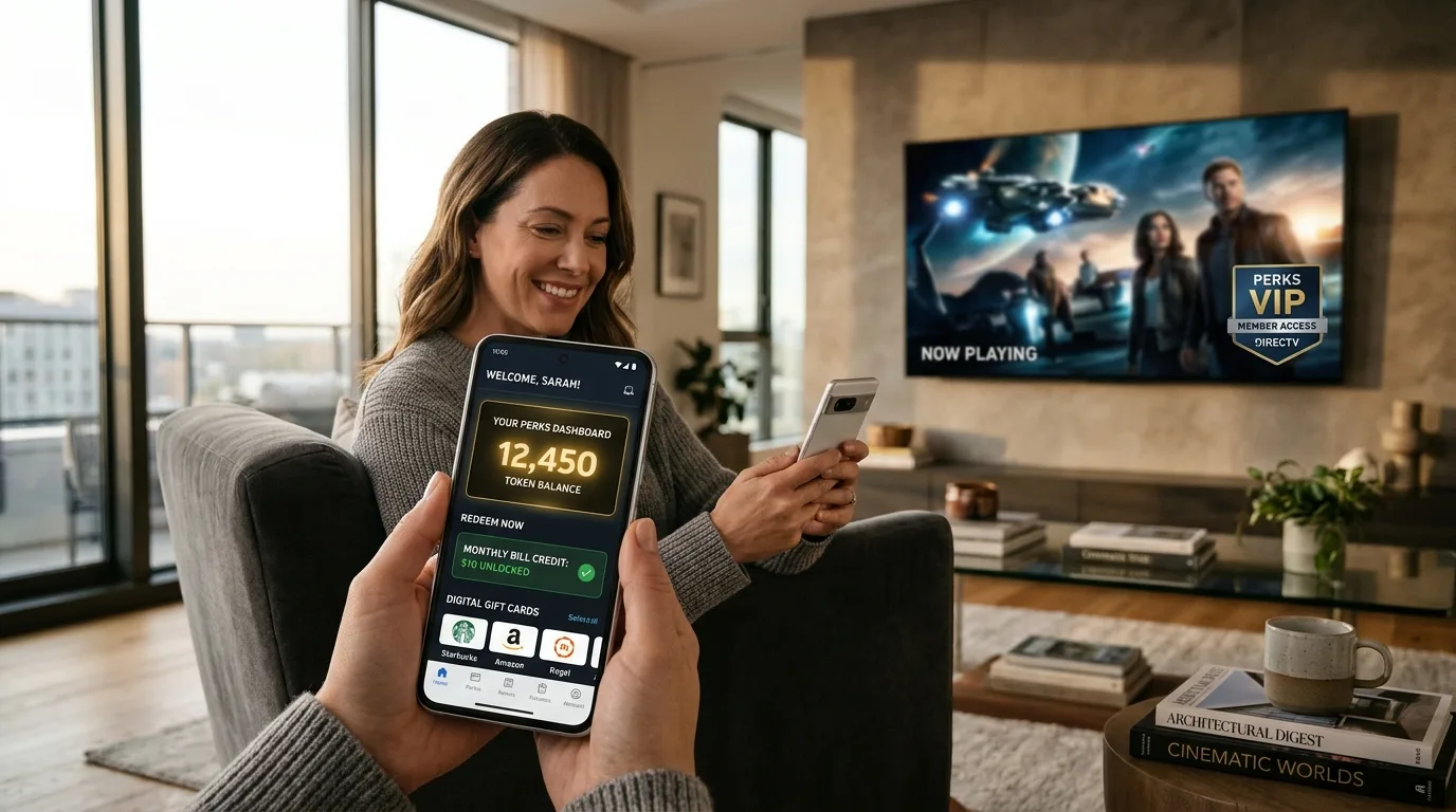 DIRECTV PERKS Loyalty Rewards Dashboard with Token Balance, Monthly Bill Credits, and Digital Gift Cards