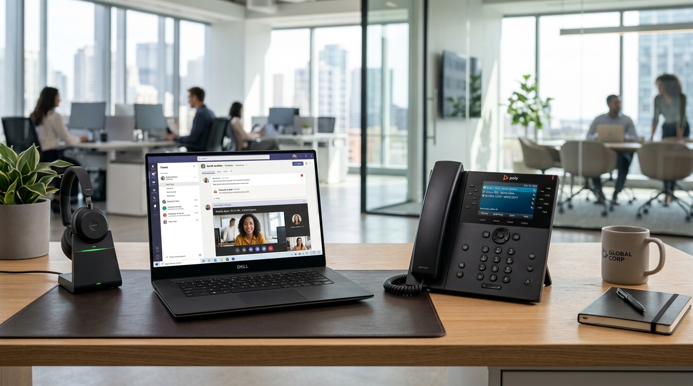 Spectrum Business Voice VoIP desk phone and RingCentral unified communications setup in modern office